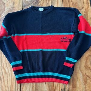 Vintage Lacoste Izod Sweater w/ Oversized Logo- Red/ Navy/ Teal- L/ XL